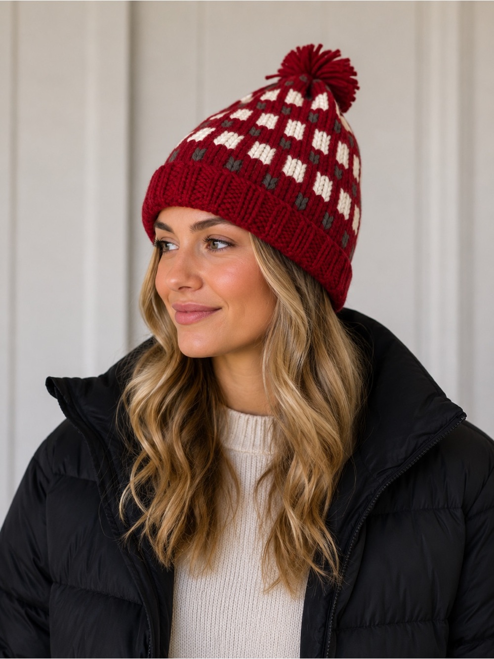 GAP Red Cream Check Pom-Pom Knit Beanie